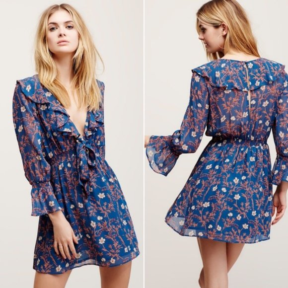 Free People Dresses & Skirts - Free People Blue Floral Ruffle Me Up Mini Dress L